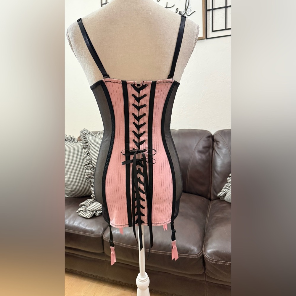 Shirley of Hollywood Pinstripe Corset Dress Size 34 Black & Pink Lingerie Set - Picture 7 of 16